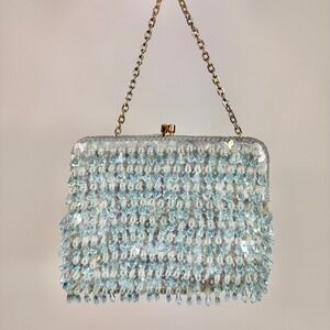 VTG 1960s Beaded Evening Bag Blue Iridescent Sequins Hong Kong Purse Bridal